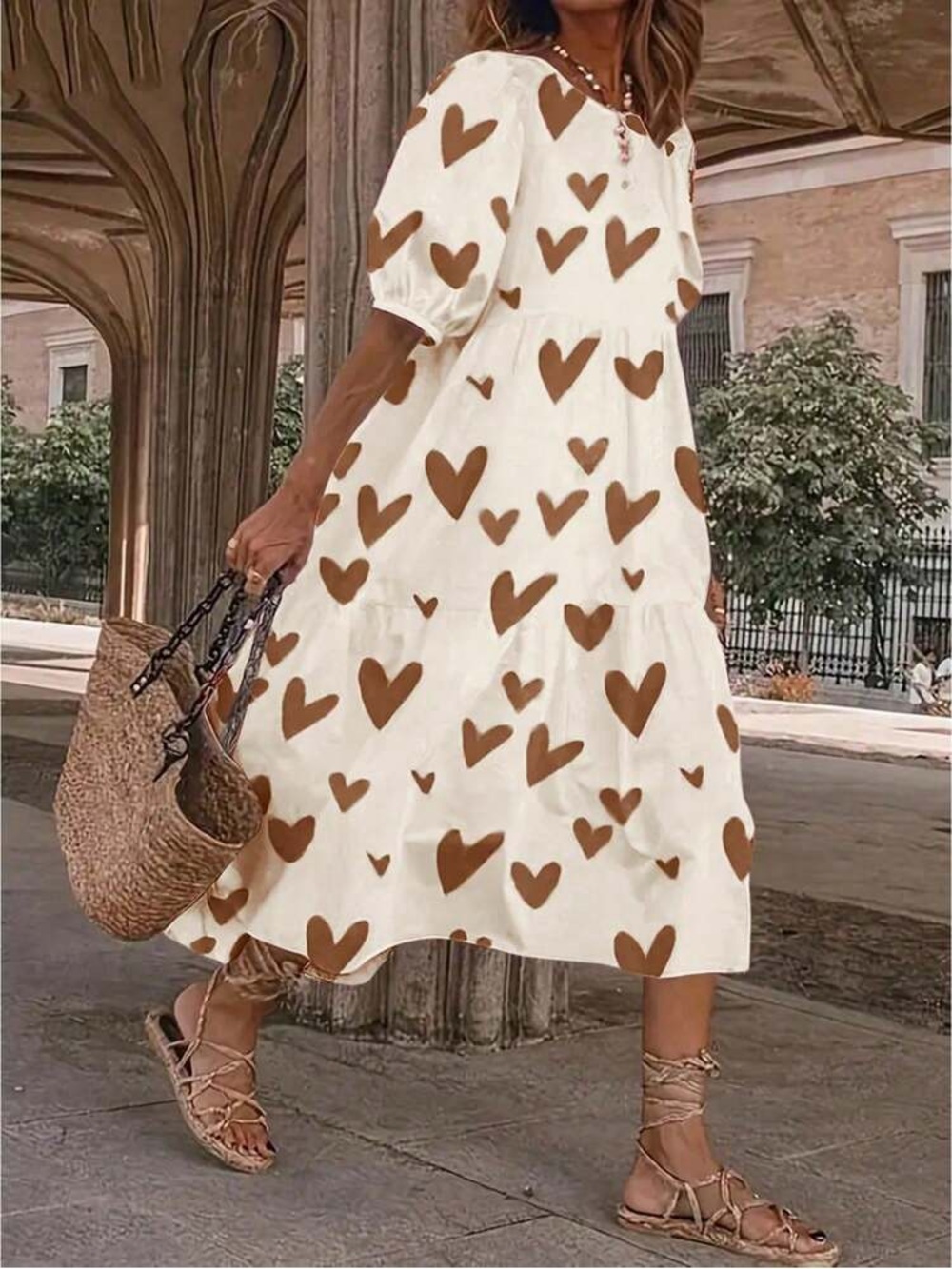 SHEIN Women’s Cream Midi Dress with Brown Heart Print